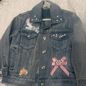 Disney Girls Blue Denim Jacket with Ribbon & Pearl Accents
